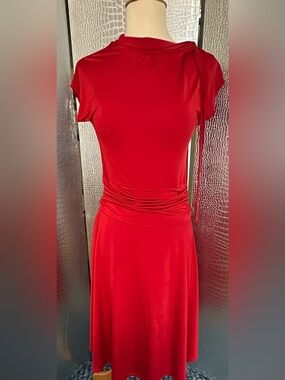 Retrolicious Red Draped Midi Dress with Ruched Waist and Shoulder Tie